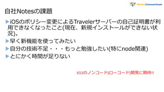 自社Notesの課題
▶iOSのポリシー変更によるTravelerサーバーの自己証明書が利
用できなくなったこと(現在、新規インストールができない状
況)。
▶早く新機能を使ってみたい
▶自分の技術不足・・・もっと勉強したい(特にnode関連)
▶とにかく時間が足りない
V11のノンコード(ローコード)開発に期待!!
 