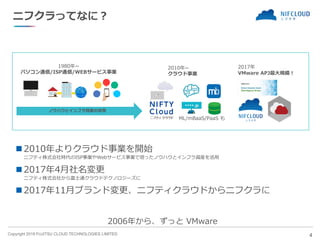 Copyright 2019 FUJITSU CLOUD TECHNOLOGIES LIMITED
◼ 2010年よりクラウド事業を開始
ニフティ株式会社時代のISP事業やWebサービス事業で培ったノウハウとインフラ資産を活用
◼ 2017年4月社名変更
ニフティ株式会社から富士通クラウドテクノロジーズに
◼ 2017年11月ブランド変更、ニフティクラウドからニフクラに
4
1980年~
パソコン通信/ISP通信/WEBサービス事業
2010年~
クラウド事業
ノウハウとインフラ資産の活用
2017年
VMware APJ最大規模！
ニフクラってなに？
ML/mBaaS/PaaS も
2006年から、ずっと VMware
 