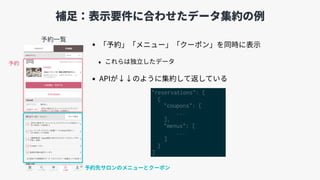 補⾜：表⽰要件に合わせたデータ集約の例
• 「予約」「メニュー」「クーポン」を同時に表⽰
• これらは独⽴したデータ
• APIが↓↓のように集約して返している
予約⼀覧
予約
予約先サロンのメニューとクーポン
"reservations": [
{
"coupons": [
...
],
"menus": [
...
]
}
]
 