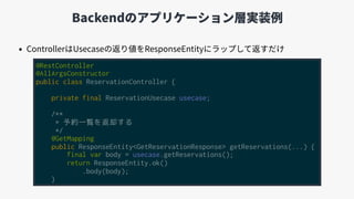 Backendのアプリケーション層実装例
• ControllerはUsecaseの返り値をResponseEntityにラップして返すだけ
@RestController
@AllArgsConstructor
public class ReservationController {
private final ReservationUsecase usecase;
/**
* 予約一覧を返却する
*/
@GetMapping
public ResponseEntity<GetReservationResponse> getReservations(...) {
final var body = usecase.getReservations();
return ResponseEntity.ok()
.body(body);
}
 