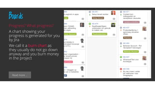 Read more …
Boards
Progress? What progress?
A chart showing your
progress is generated for you
by Jira
We call it a burn chart as
they usually do not go down
anyway and you burn money
in the project
 