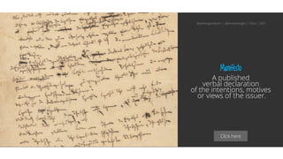 Click here
Manifesto
A published
verbal declaration
of the intentions, motives
or views of the issuer.
@aahoogendoorn | @kimvanwilgen | Flow | SDD
 