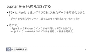 Jupyter から PGX を実行する
• PGX は Neo4J と違いグラフDBに入れたデータを可視化できな
い
データを可視化用のツールに読み込ませて可視化しないといけない
• そこで、
JPype という Python ライブラリを利用して PGX を実行し、
vis.js という Javascript ライブラリを利用して結果を可視化！
8
 
