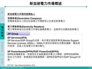 Copyright ITRI 工業技術研究院 版權所有
發電業者(Generation Company)
發電業者每半小時在批發電力市場競爭以生產並販售電力
電力零售業者(Electricity Retailers)
電力零售業者自批發電力市場批量購買電力，並競爭向消費者販售電力
SP Services(SPS)
SP Services為SP Group的成員，為市場支援服務業者(Market Support
Services Licensee, MSSL)。MSSL所提供的服務包含電表讀數、電表資
料管理、及進入批發電力市場的簡化
SP PowerAssets(SPPA)和SP PowerGrid(SPPG)
SPPA為傳輸業者，其擁有在全島範圍提供電力之電網。SPPG為SPPA
指定之代理商，負責建設與維護電網。SPPA與SPPG均為SP Group的成
員。
新加坡電力市場概述
13
新加坡電力市場利害關係人
SP Group
前
言
能
源
效
率
電
力
市
場
結
語
資料來源：Open Electricity Market, 2019.
 