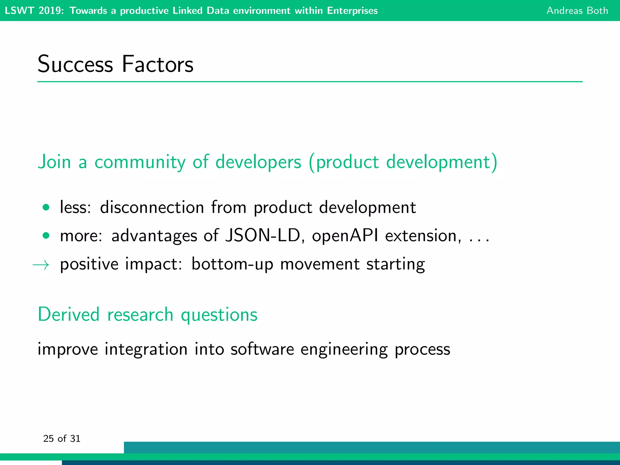 LSWT 2019: Towards a productive Linked Data environment within Enterprises Andreas Both
Success Factors
Join a community of developers (product development)
• less: disconnection from product development
• more: advantages of JSON-LD, openAPI extension, . . .
→ positive impact: bottom-up movement starting
Derived research questions
improve integration into software engineering process
25 of 31
 