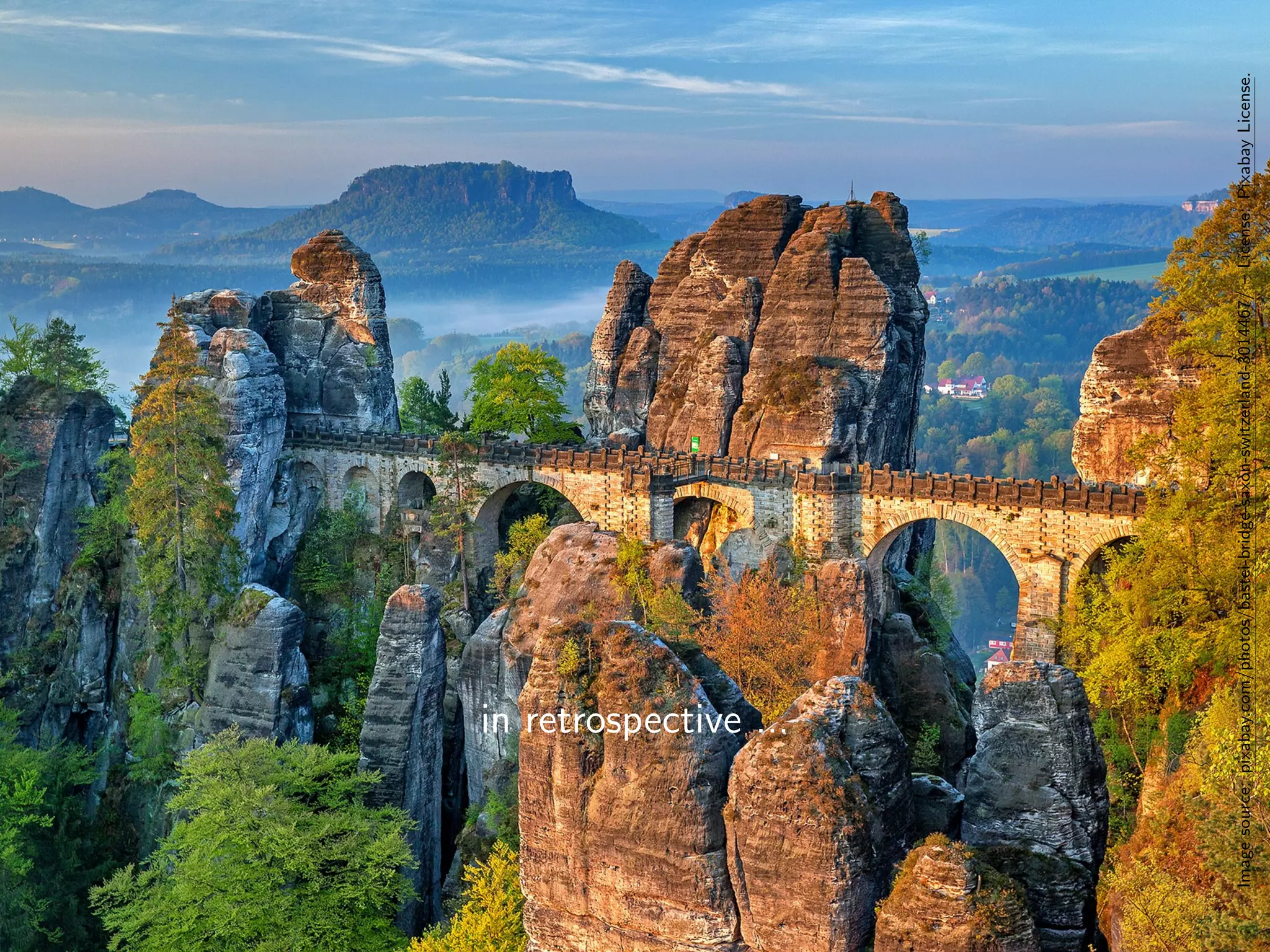 in retrospective ...
Imagesource:pixabay.com/photos/bastei-bridge-saxon-switzerland-3014467/–License:PixabayLicense.
 