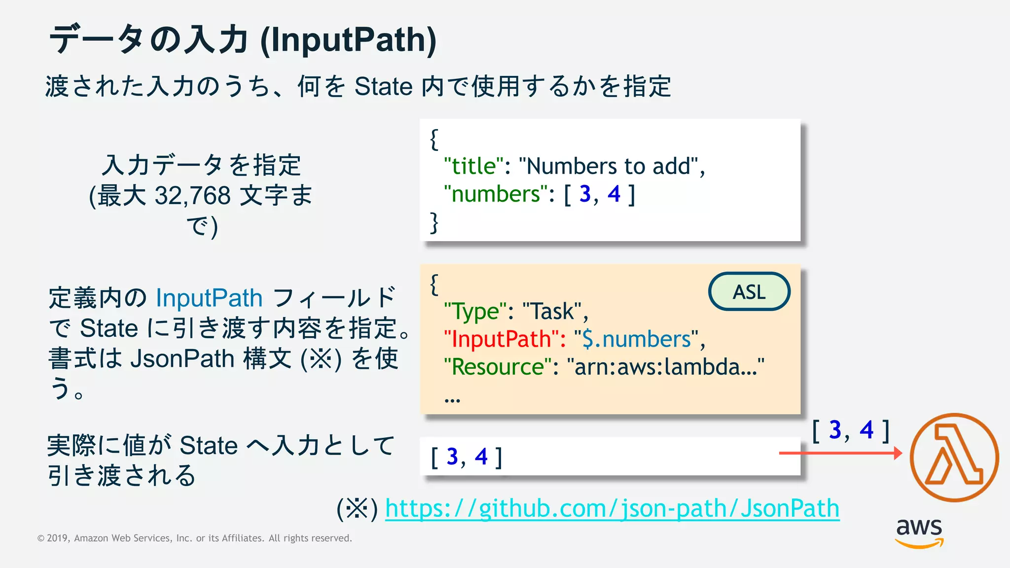 © 2019, Amazon Web Services, Inc. or its Affiliates. All rights reserved.
データの入力 (InputPath)
{
"title": "Numbers to add",
"numbers": [ 3, 4 ]
}
{
"Type": "Task",
"InputPath": "$.numbers",
"Resource": "arn:aws:lambda…"
…
[ 3, 4 ]
入力データを指定
(最大 32,768 文字ま
で)
渡された入力のうち、何を State 内で使用するかを指定
定義内の InputPath フィールド
で State に引き渡す内容を指定。
書式は JsonPath 構文 (※) を使
う。
実際に値が State へ入力として
引き渡される
(※) https://github.com/json-path/JsonPath
ASL
[ 3, 4 ]
 