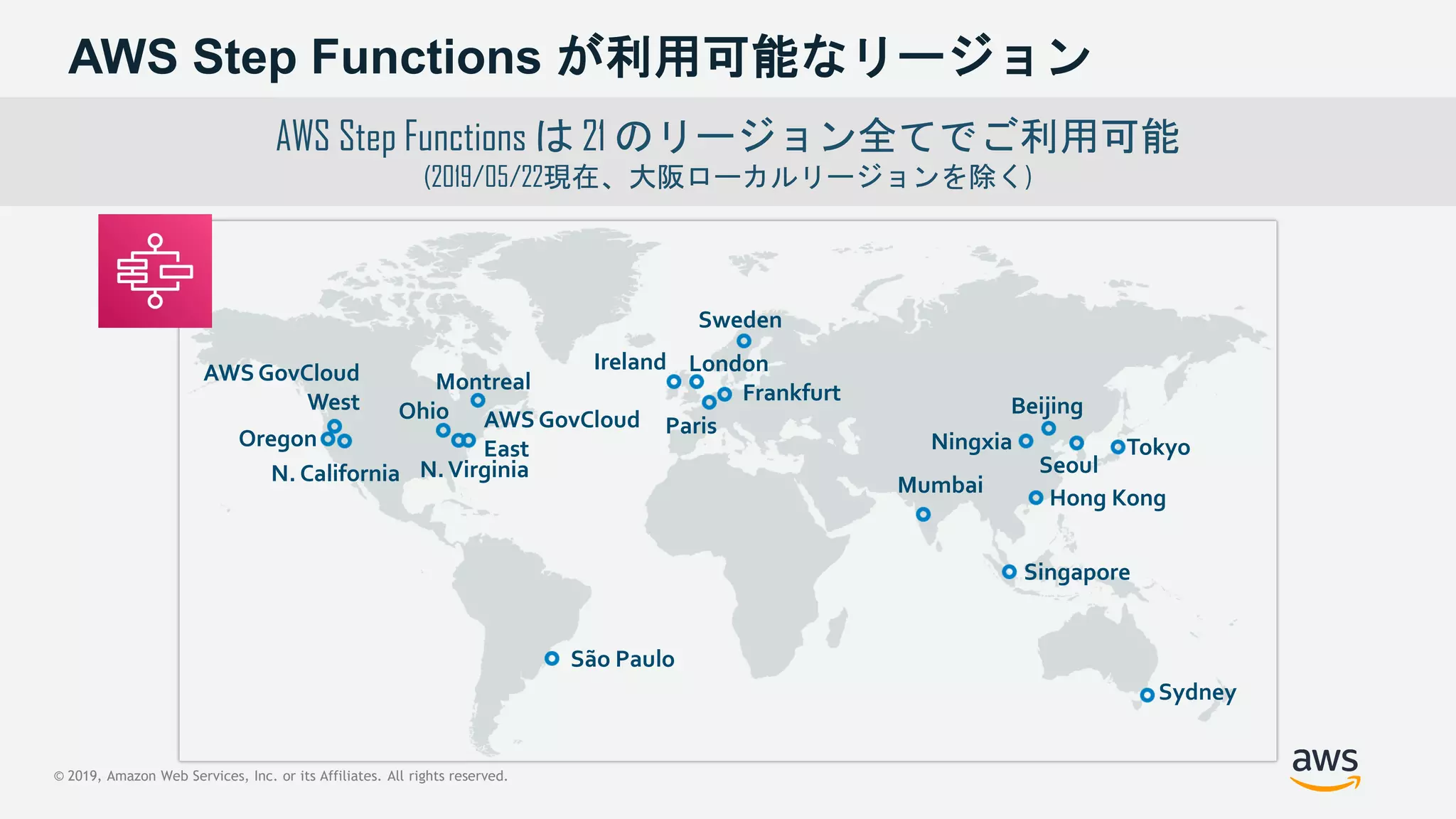© 2019, Amazon Web Services, Inc. or its Affiliates. All rights reserved.
AWS Step Functions が利用可能なリージョン
AWS Step Functions は 21 のリージョン全てでご利用可能
(2019/05/22現在、大阪ローカルリージョンを除く)
Sydney
Tokyo
Beijing
Seoul
Ningxia
Hong Kong
Singapore
Mumbai
Sweden
Ireland London
Frankfurt
Paris
São Paulo
Montreal
AWS GovCloud
East
N.Virginia
Ohio
AWS GovCloud
West
Oregon
N. California
 
