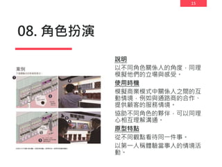 15
08. 角色扮演
說明
以不同角色關係人的角度，同理
模擬他們的立場與感受。
使用時機
模擬商業模式中關係人之間的互
動情境，例如與通路商的合作、
提供顧客的服務情境。
協助不同角色的夥伴，可以同理
心相互理解溝通。
原型特點
從不同觀點看待同一件事。
以第一人稱體驗當事人的情境活
動。
 