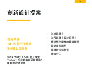 36
創新設計提案
• 為誰設計？
• 為何設計？設計目標！
• 想建構什麼樣的體驗願景
• 設計提案說明
• 關鍵訴求或特質
• 團隊分工
各組準備
10-15 頁PPT簡報
5分鐘上台簡報
5/29 (TUE)12:00以前上傳至
Trello/分析共創階段分組產出/
B_創新設計提案
 