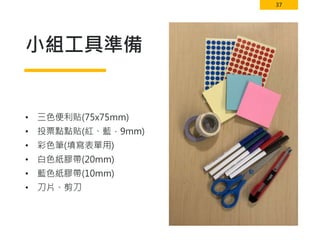 37
小組工具準備
• 三色便利貼(75x75mm)
• 投票點點貼(紅、藍，9mm)
• 彩色筆(填寫表單用)
• 白色紙膠帶(20mm)
• 藍色紙膠帶(10mm)
• 刀片、剪刀
 