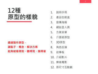 7
12種
原型的樣貌
1. 說明手冊
2. 產品包裝盒
3. 宣傳海報
4. 網站登入頁
5. 方案菜單
6. 介面紙原型
7. 3D原型
8. 角色扮演
9. 故事板
10. 介紹影片
11. 樂高電影
12. 原尺寸互動劇
透過製作原型，
讓點子、概念、解決方案
能夠被看得到、聽得見、摸得著
 