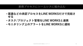 業務プロセスにシームレスに組み込む
©認定特定非営利活動法人カタリバ 18
• 稟議などの承認プロセスをLINE WORKSだけで完結さ
せる
• タスク/プロジェクト管理をLINE WORKSと連携
• モニタリング上のアラートをLINE WORKSに通知
 