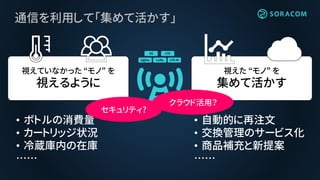 視えていなかった “モノ” を
視えるように
視えた “モノ” を
集めて活かす
• ボトルの消費量
• カートリッジ状況
• 冷蔵庫内の在庫
……
• 自動的に再注文
• 交換管理のサービス化
• 商品補充と新提案
……
通信を利用して「集めて活かす」
セキュリティ?
クラウド活用？
 