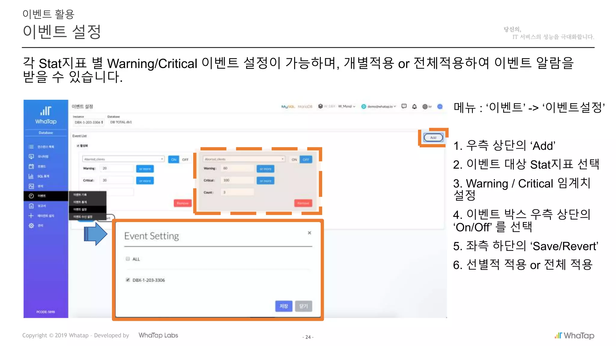 - 24 -Copyright © 2019 Whatap – Developed by
이벤트 설정
이벤트 활용
각 Stat지표 별 Warning/Critical 이벤트 설정이 가능하며, 개별적용 or 전체적용하여 이벤트 알람을
받을 수 있습니다.
메뉴 : ‘이벤트’ -> ‘이벤트설정’
1. 우측 상단의 ‘Add’
2. 이벤트 대상 Stat지표 선택
3. Warning / Critical 임계치
설정
4. 이벤트 박스 우측 상단의
‘On/Off’ 를 선택
5. 좌측 하단의 ‘Save/Revert’
6. 선별적 적용 or 전체 적용
 