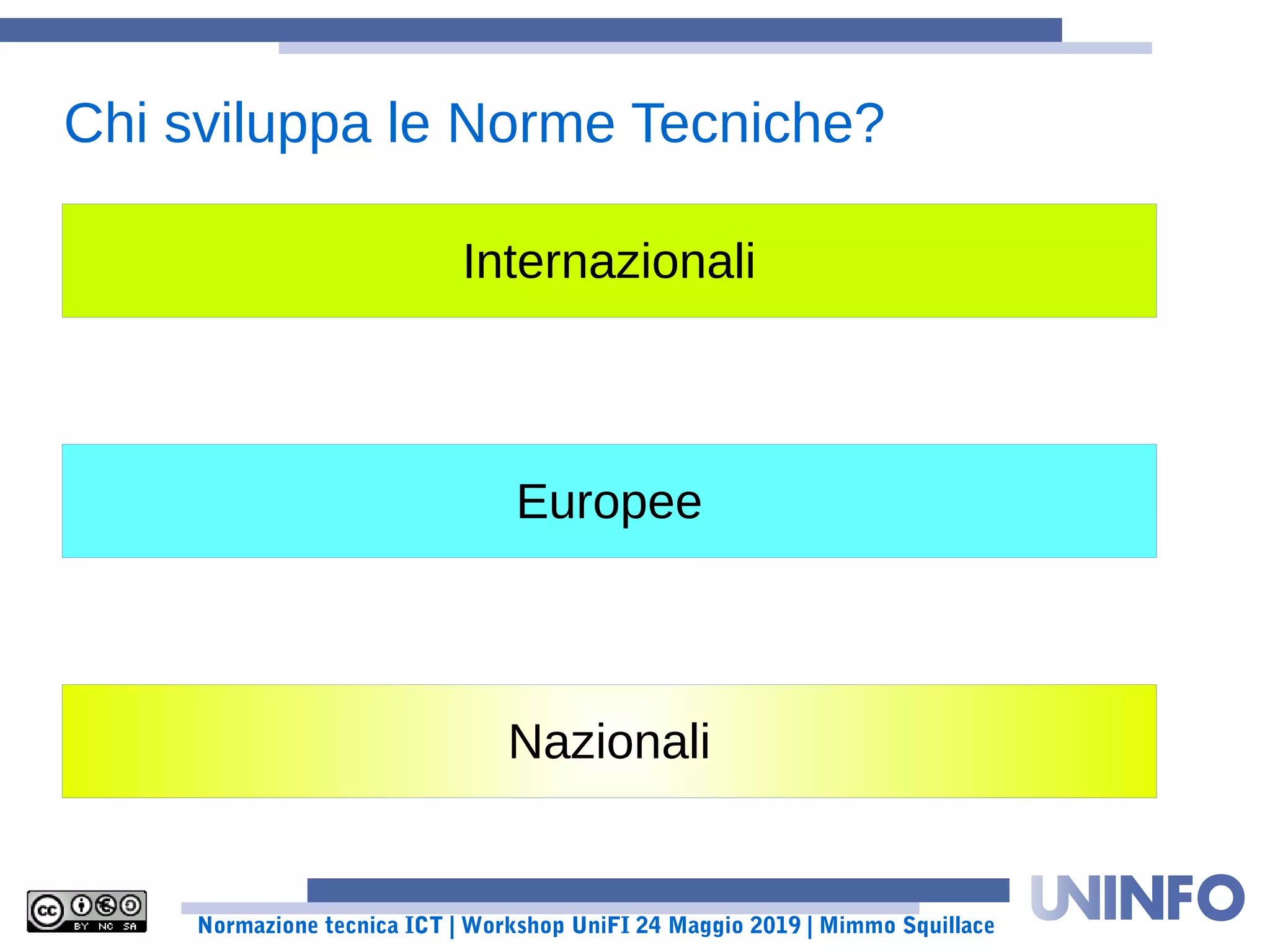 Normazione tecnica ICT | Workshop UniFI 24 Maggio 2019 | Mimmo Squillace
Chi sviluppa le Norme Tecniche?
Internazionali
Europee
Nazionali
 