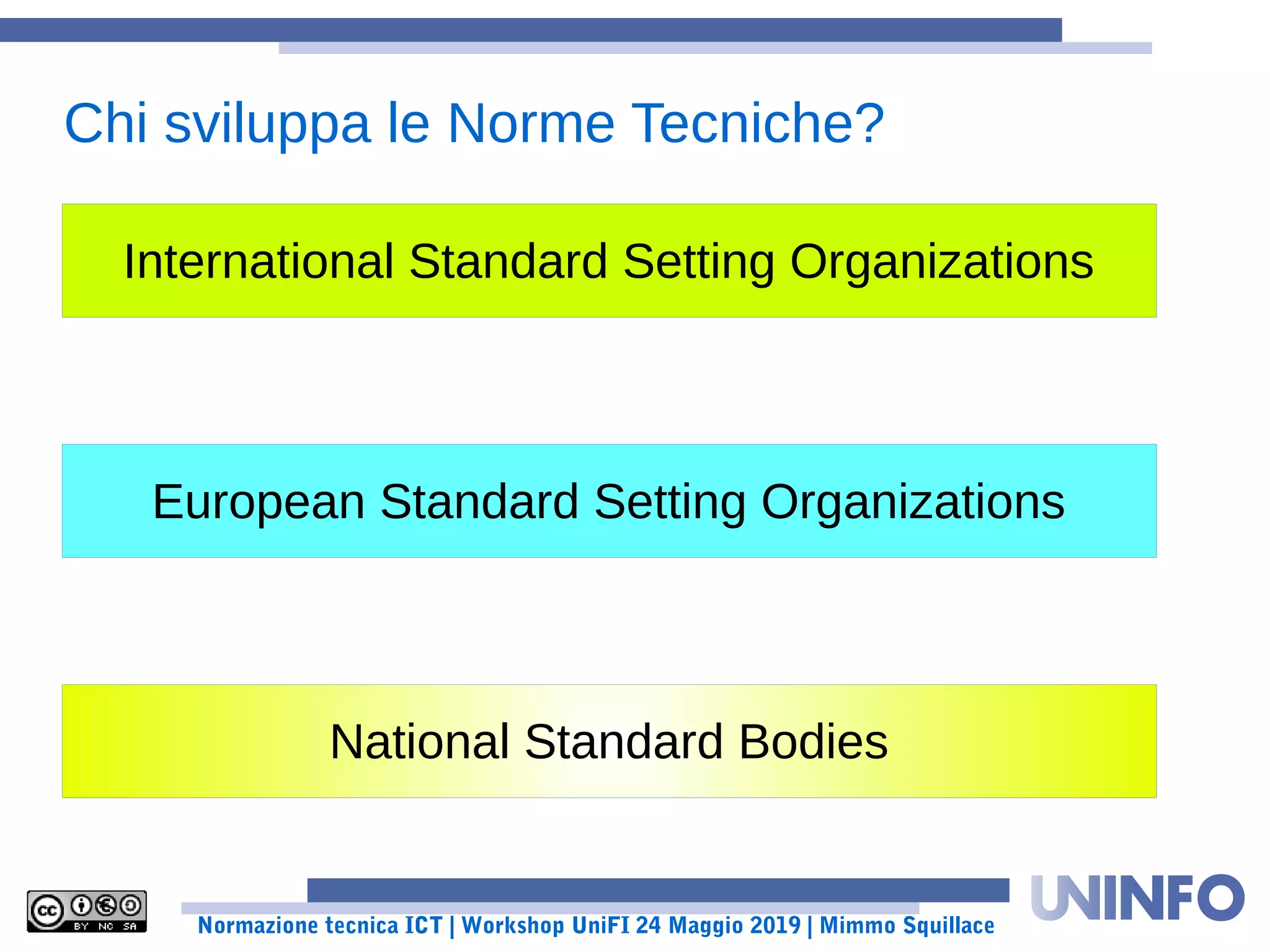 Normazione tecnica ICT | Workshop UniFI 24 Maggio 2019 | Mimmo Squillace
Chi sviluppa le Norme Tecniche?
International Standard Setting Organizations
European Standard Setting Organizations
National Standard Bodies
 