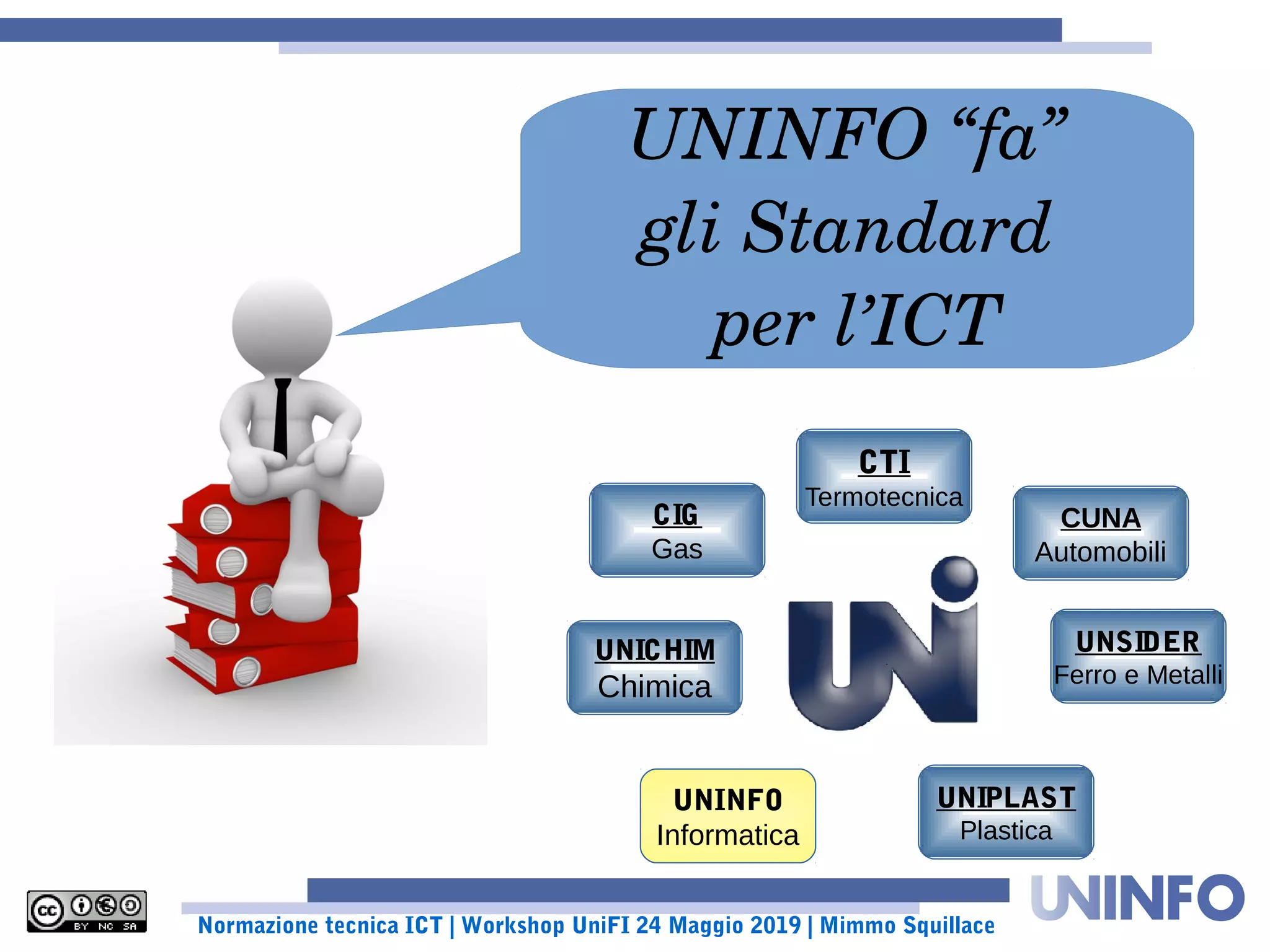 Normazione tecnica ICT | Workshop UniFI 24 Maggio 2019 | Mimmo Squillace
UNINFO “fa” 
gli Standard 
per l’ICT
UNICHIM
Chimica
CIG
Gas
CTI
Termotecnica
UNSIDER
Ferro e Metalli
UNIPLAST
Plastica
CUNA
Automobili
UNINFO
Informatica
 