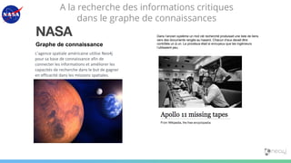 L’agence spatiale américaine utilise Neo4j
pour sa base de connaissance afin de
connecter les informations et améliorer les
capacités de recherche dans le but de gagner
en efficacité dans les missions spatiales.
Graphe de connaissance
A la recherche des informations critiques
dans le graphe de connaissances
Dans l‘ancien système un mot clé recherché produisait une liste de liens
vers des documents rangés au hasard. Chacun d‘eux devait être
contrôlés un à un. Le procésus était si ennuyeux que les ingénieurs
l‘utilisaient peu.
 