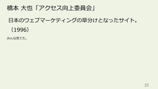 25	
橋本 ⼤也「アクセス向上委員会」
⽇本のウェブマーケティングの草分けとなったサイト。
（1996）
みんな⾒てた。
 