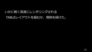 30	
いかに軽く⾼速にレンダリングされる
TABLEレイアウトを組むか、情熱を傾けた。
 