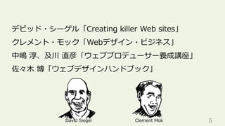 5	
デビッド・シーゲル「Creating killer Web sites」
クレメント・モック「Webデザイン・ビジネス」
中嶋 淳、及川 直彦「ウェブプロデューサー養成講座」
佐々⽊ 博「ウェブデザインハンドブック」
David Siegel Clement Mok
 