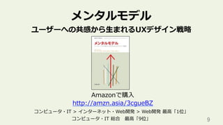 9	
メンタルモデル
ユーザーへの共感から⽣まれるUXデザイン戦略
Amazonで購⼊
http://amzn.asia/3cgueBZ
コンピュータ・IT > インターネット・Web開発 > Web開発 最⾼「1位」
コンピュータ・IT 総合 最⾼「9位」
 