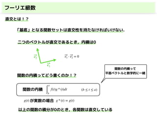 フーリエ級数
e1
e2 e1 ⋅ e2 = 0
∫
a
b
f(t)g * (t)dt関数の内積 (b ≤ t ≤ a)
関数の内積って
平面ベクトルと数学的に一緒
g * (t) = g(t)が実数の場合g(t)
直交とは！？
「基底」となる関数セットは直交性を持たなければいけない．
二つのベクトルが直交であるとき，内積は0
関数の内積ってどう書くのか！？
以上の関数の積分が0のとき，各関数は直交している
 