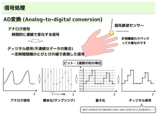 信号処理
AD変換 (Analog-to-digital conversion)
指先脈波センサー
t tτ t t
標本化(サンプリング) 量子化
サンプリング間隔
0000
0001
0010
0011
0100
0101
0111
0110
1000
アナログ信号 ディジタル信号
(0011,0100,0110,1000,0011,0011,0011,0101,0111,0100,0011,⋯)
アナログ信号
　時間的に連続で変化する信号
ディジタル信号(不連続なデータの集合)
　一定時間間隔のとびとびの値で表現した信号
計測機器のスペック
って大事なのです
ビット：2進数の桁の単位
 