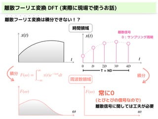 離散フーリエ変換 DFT (実際に現場で使うお話)
x(t)
t
時間領域
周波数領域
F(ω) =
∫
∞
−∞
x(t)e−iωt
dt
x(t)
0 D 2D 3D 4D
t
離散信号
D : サンプリング周期
T = ND
ω
F(ω)
ω
F(ω) 常に0
(とびとびの信号なので)
積分積分
離散信号に関しては工夫が必要
離散フーリエ変換は積分できない！？
• • • • • • • •
 
