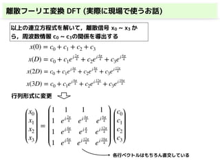 離散フーリエ変換 DFT (実際に現場で使うお話)
x0
x1
x2
x3
=
1 1 1 1
1 ei 2π
4 ei 4π
4 ei 6π
4
1 ei 4π
4 ei π
4 ei 12π
4
1 ei 6π
4 ei 12π
4 ei 18π
4
c0
c1
c2
c3
x(D) = c0 + c1ei 2π
4 + c2ei 4π
4 + c3ei 6π
4
x(0) = c0 + c1 + c2 + c3
x(2D) = c0 + c1ei 4π
4 + c2ei 8π
4 + c3ei 12π
4
x(3D) = c0 + c1ei 6π
4 + c2ei 12π
4 + c3ei 18π
4
以上の連立方程式を解いて，離散信号 x0 ~ x3 か
ら，周波数情報 c0 ~ c3の関係を導出する
行列形式に変更
各行ベクトルはもちろん直交している
 