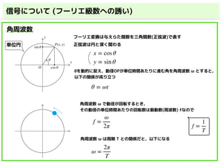 θ
cos θ
sin θ
P(x, y)
x
y フーリエ変換は与えらた関数を三角関数(正弦波)で表す
正弦波は円と深く関わる
θを動的に捉え，動径OPが単位時間あたりに進む角を角周波数 ω とすると，
以下の関係が成り立つ
O
y = sin θ
x = cos θ
θ = ωt
角周波数 ω で動径が回転するとき，
その動径の単位時間あたりの回転数は振動数(周波数) fなので
f =
ω
2π
角周波数 ω は周期 T との関係だと，以下になる
f =
1
T
ω =
2π
T
単位円
角周波数
信号について (フーリエ級数への誘い)
 