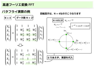 高速フーリエ変換 FFT
N = 4
X0
X1
X2
X3
=
1 1 1 1
1 W1
N W2
N W3
N
1 W2
N W4
N W6
N
1 W3
N W6
N W9
N
x0
x1
x2
x3
データ数 N = 22
回転因子は，N = 4なのでこうなります
WN = e−i 2π
N
W4 = e−i 2π
4
W0
4 = W4
4 = W8
4 = 1
e−iθ
= cos θ − i sin θ
W1
4 = W5
4 = W9
4 = − i
W2
4 = W6
4 = − 1
W3
4 = i
Re
Im
N＝4のとき
( = e−i π
2 = − i)
X0
X1
X2
X3
=
1 1 1 1
1 W1
N −1 W3
N
1 −1 1 −1
1 W3
N −1 W1
N
x0
x1
x2
x3
とりあえず，実部を代入
バタフライ演算の例
 
