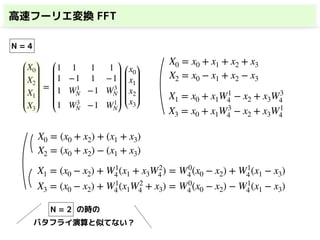 高速フーリエ変換 FFT
X0
X2
X1
X3
=
1 1 1 1
1 −1 1 −1
1 W1
N −1 W3
N
1 W3
N −1 W1
N
x0
x1
x2
x3
≈
X0 = x0 + x1 + x2 + x3
X2 = x0 − x1 + x2 − x3
X1 = x0 + x1W1
4 − x2 + x3W3
4
X3 = x0 + x1W3
4 − x2 + x3W1
4
バタフライ演算と似てない？
X0 = (x0 + x2) + (x1 + x3)
X2 = (x0 + x2) − (x1 + x3)
X1 = (x0 − x2) + W1
4(x1 + x3W2
4) = W0
4(x0 − x2) + W1
4(x1 − x3)
X3 = (x0 − x2) + W1
4(x1W2
4 + x3) = W0
4(x0 − x2) − W1
4(x1 − x3)
N = 4
N = 2 の時の
 