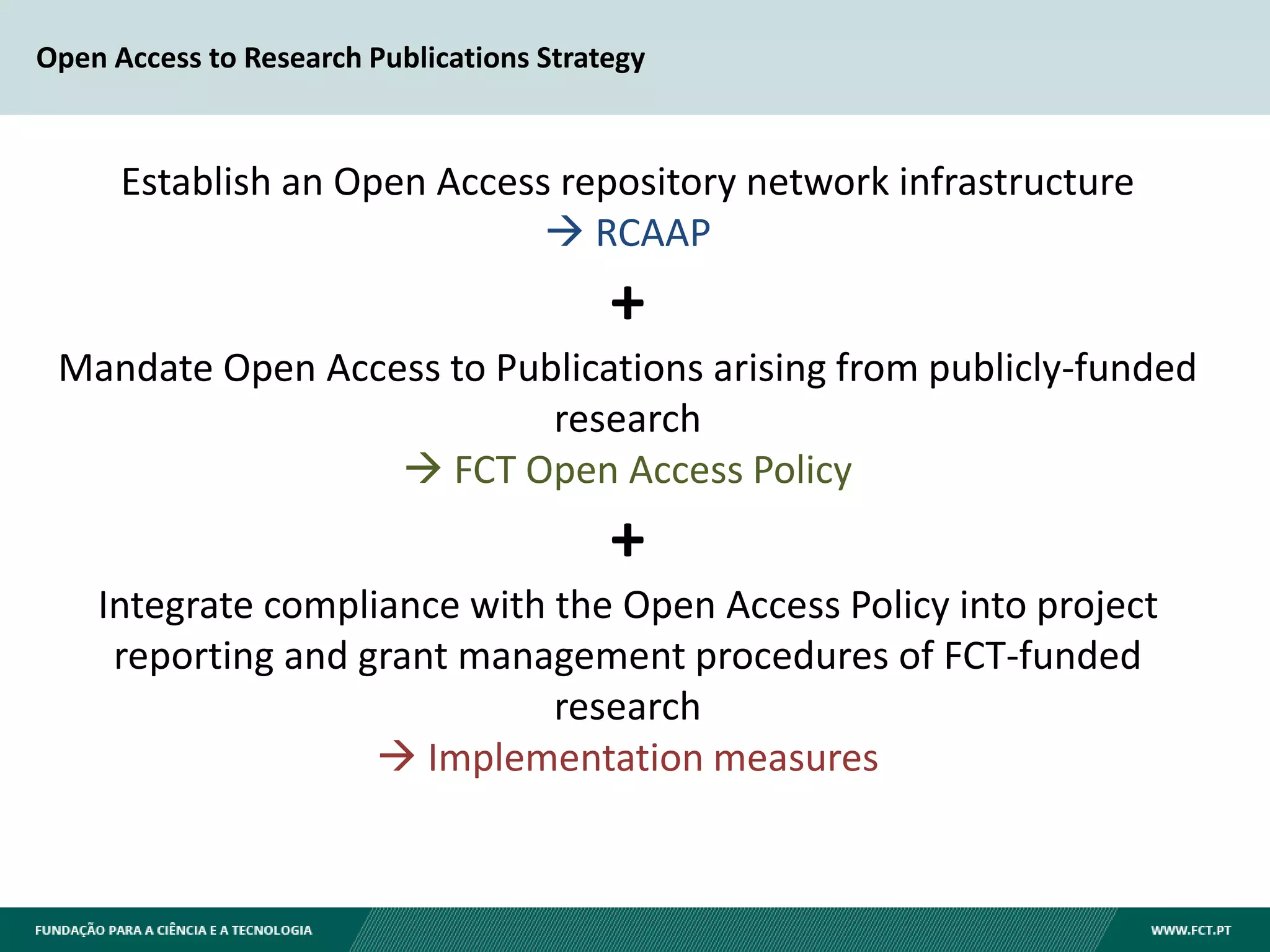 Open Access to Research Publications Strategy
Establish an Open Access repository network infrastructure
 RCAAP
+
Mandate Open Access to Publications arising from publicly-funded
research
 FCT Open Access Policy
+
Integrate compliance with the Open Access Policy into project
reporting and grant management procedures of FCT-funded
research
 Implementation measures
 