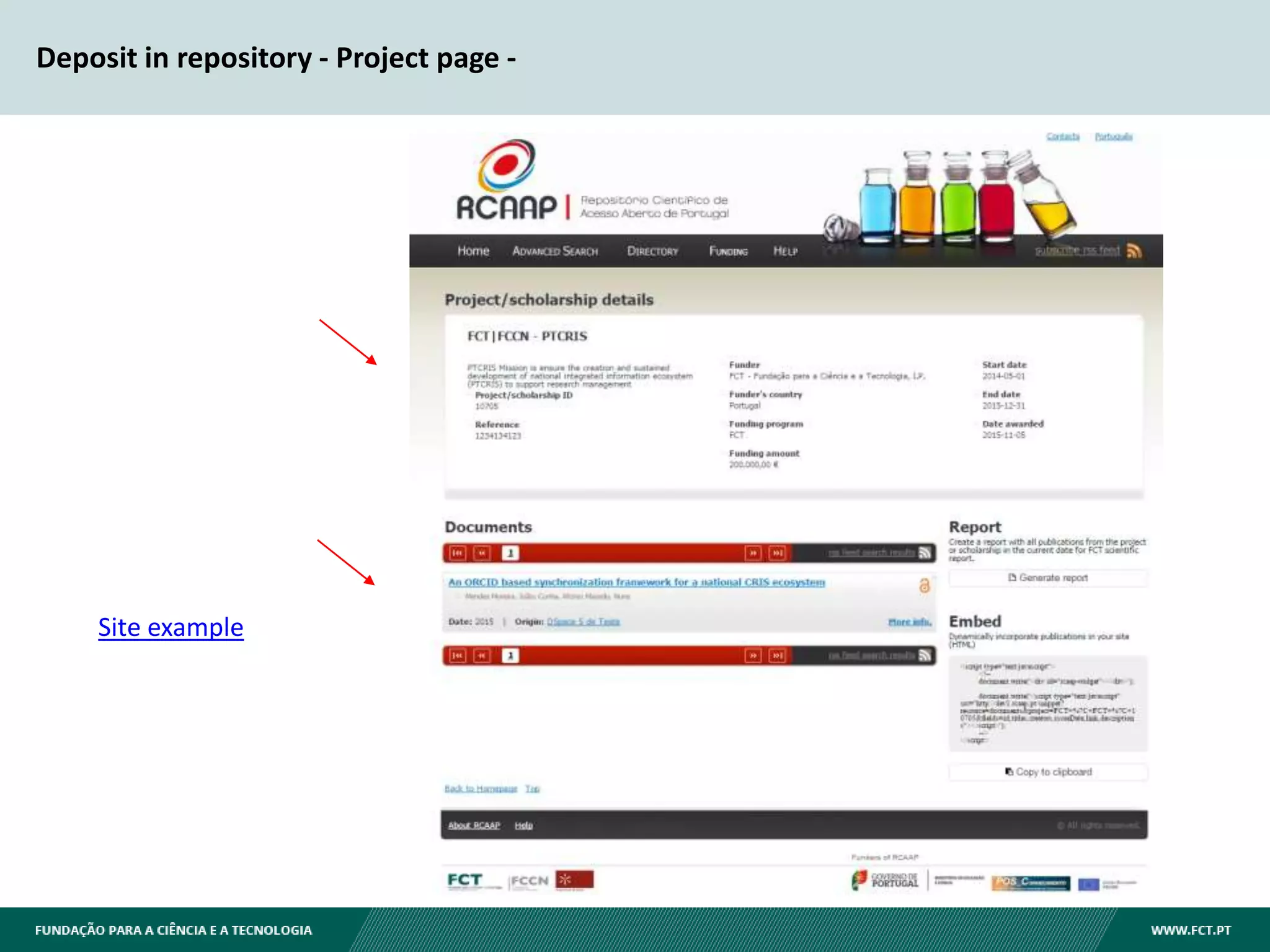 Deposit in repository - Project page -
Site example
 