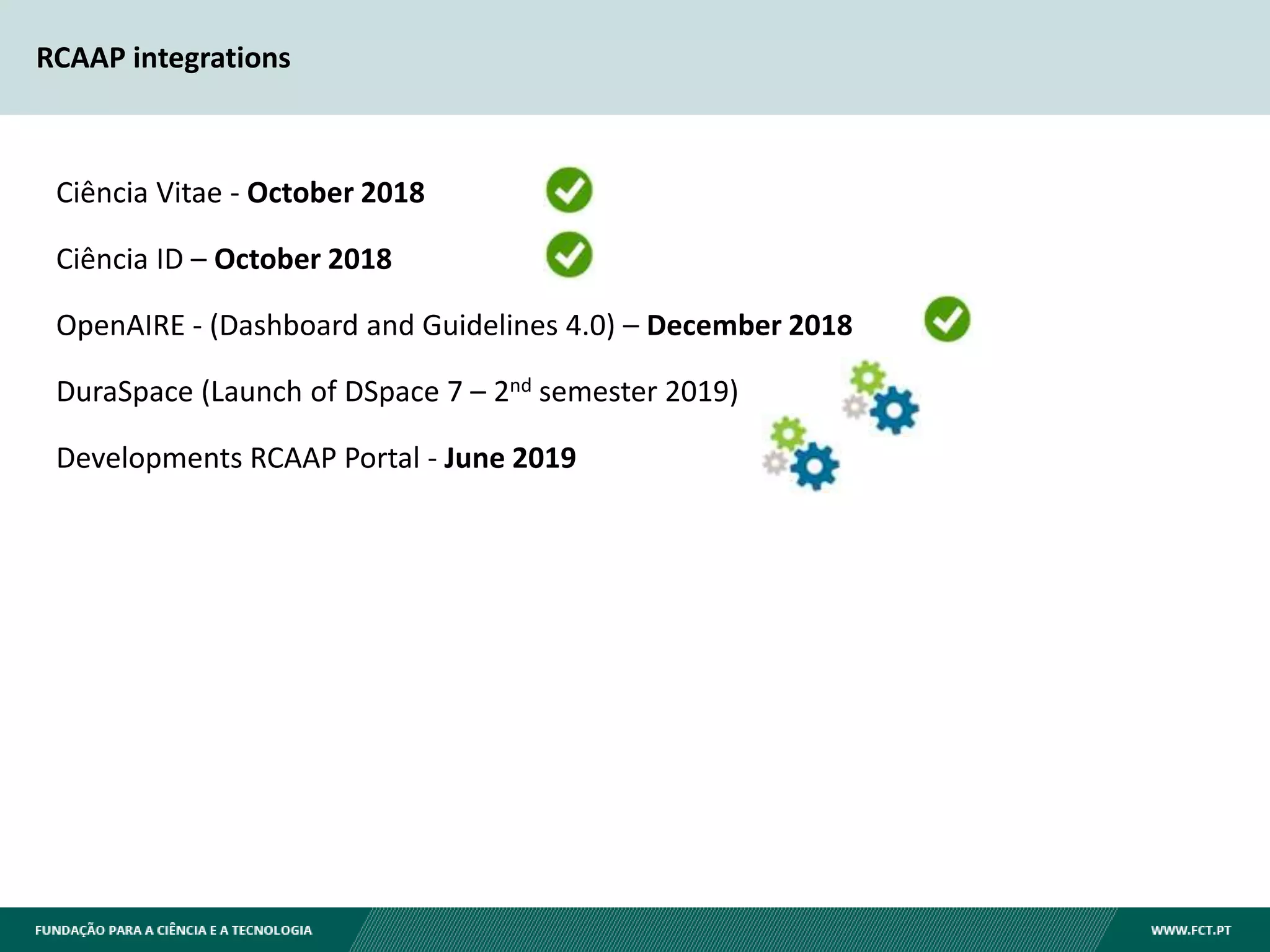 RCAAP integrations
Ciência Vitae - October 2018
Ciência ID – October 2018
OpenAIRE - (Dashboard and Guidelines 4.0) – December 2018
DuraSpace (Launch of DSpace 7 – 2nd semester 2019)
Developments RCAAP Portal - June 2019
 