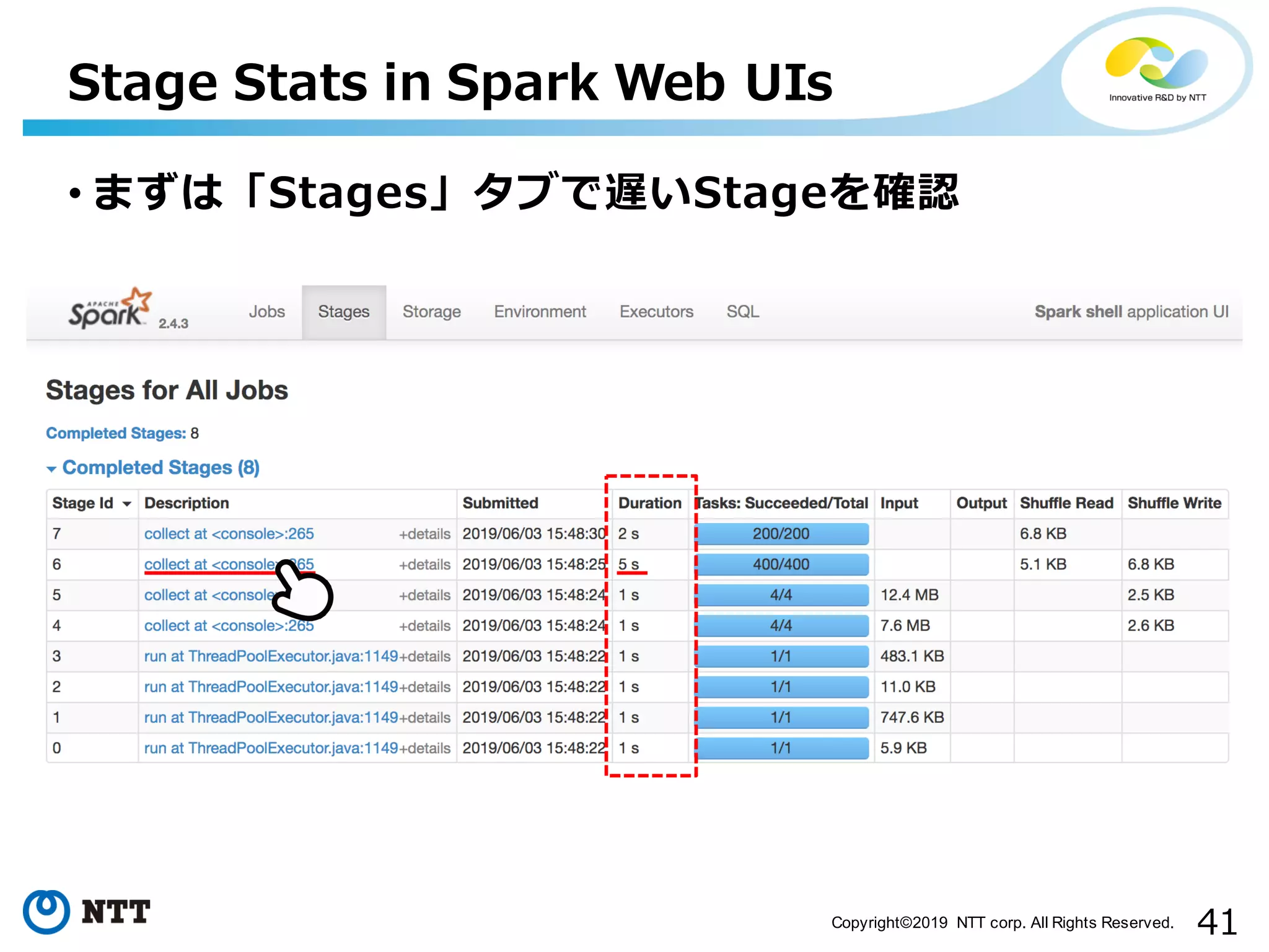 41Copyright©2019 NTT corp. All Rights Reserved. Stage Stats in Spark Web UIs • まずは「Stages」タブで遅いStageを確認 