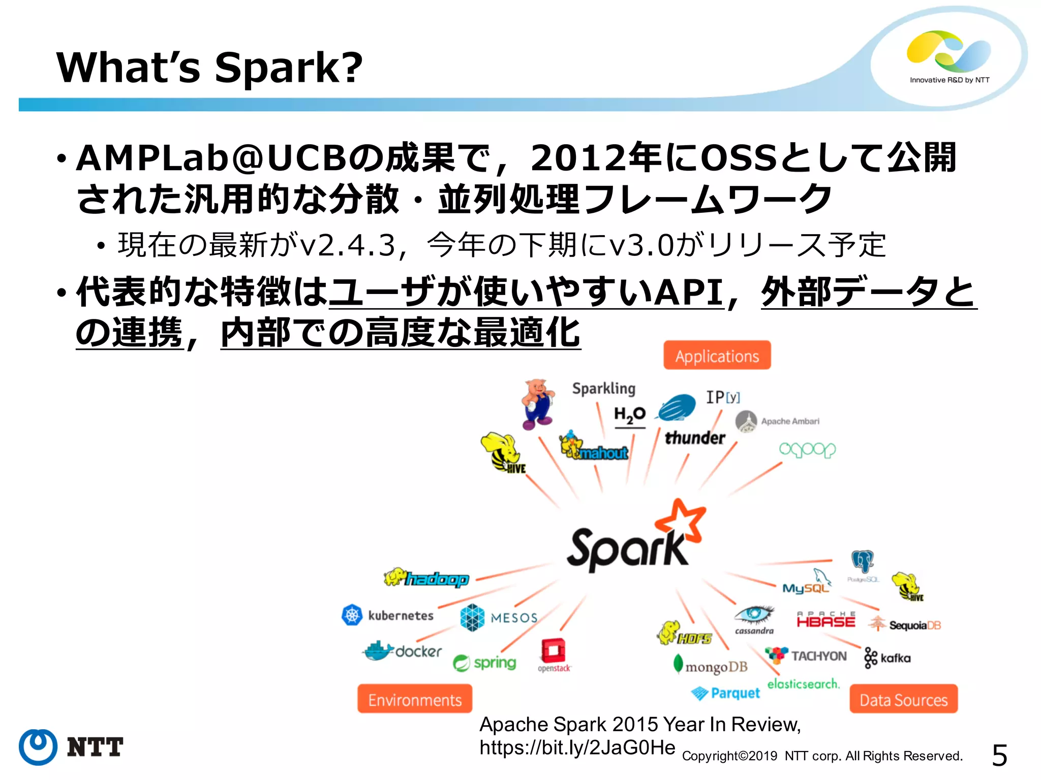 5Copyright©2019 NTT corp. All Rights Reserved. Apache Spark 2015 Year In Review, https://bit.ly/2JaG0He • AMPLab@UCBの成果で，2012年にOSSとして公開 された汎⽤的な分散・並列処理フレームワーク • 現在の最新がv2.4.3，今年の下期にv3.0がリリース予定 • 代表的な特徴はユーザが使いやすいAPI，外部データと の連携，内部での⾼度な最適化 Whatʼs Spark? 