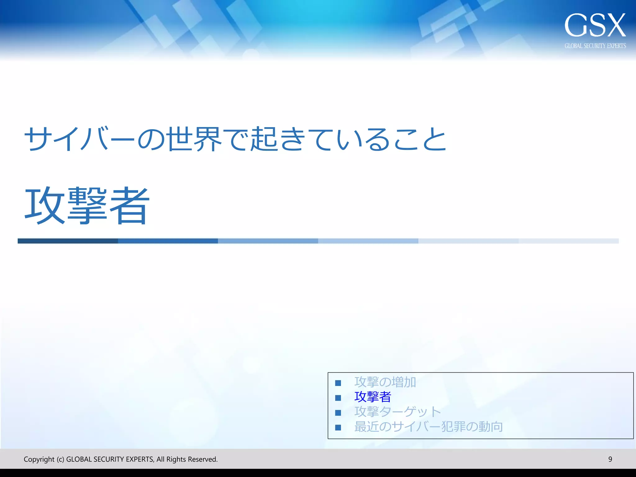 サイバーの世界で起きていること
攻撃者
Copyright (c) GLOBAL SECURITY EXPERTS, All Rights Reserved. 9
◼ 攻撃の増加
◼ 攻撃者
◼ 攻撃ターゲット
◼ 最近のサイバー犯罪の動向
 