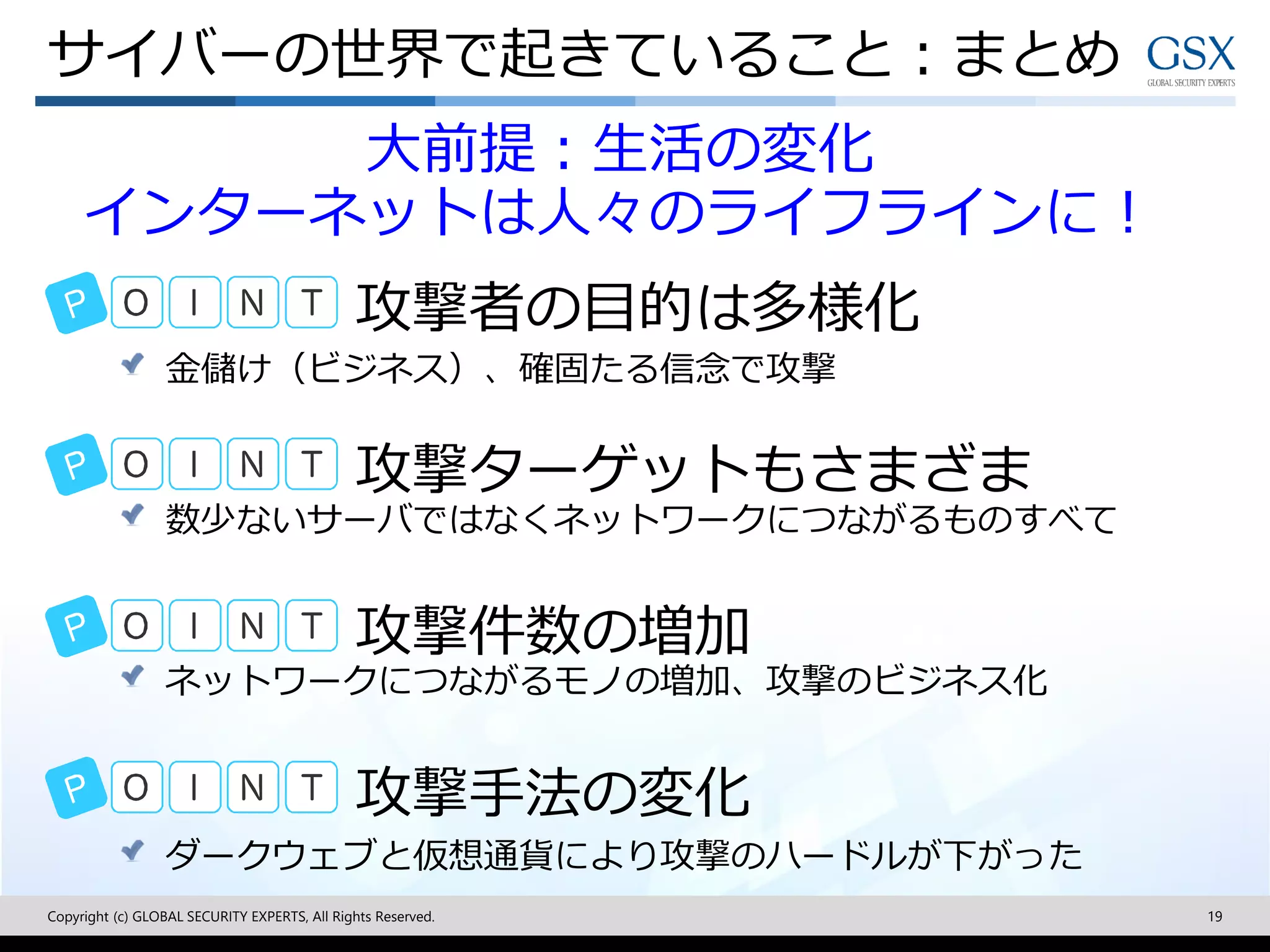 サイバーの世界で起きていること：まとめ
Copyright (c) GLOBAL SECURITY EXPERTS, All Rights Reserved. 19
金儲け（ビジネス）、確固たる信念で攻撃
大前提：生活の変化
インターネットは人々のライフラインに！
ダークウェブと仮想通貨により攻撃のハードルが下がった
数少ないサーバではなくネットワークにつながるものすべて
攻撃者の目的は多様化
攻撃ターゲットもさまざま
攻撃手法の変化
ネットワークにつながるモノの増加、攻撃のビジネス化
攻撃件数の増加
 