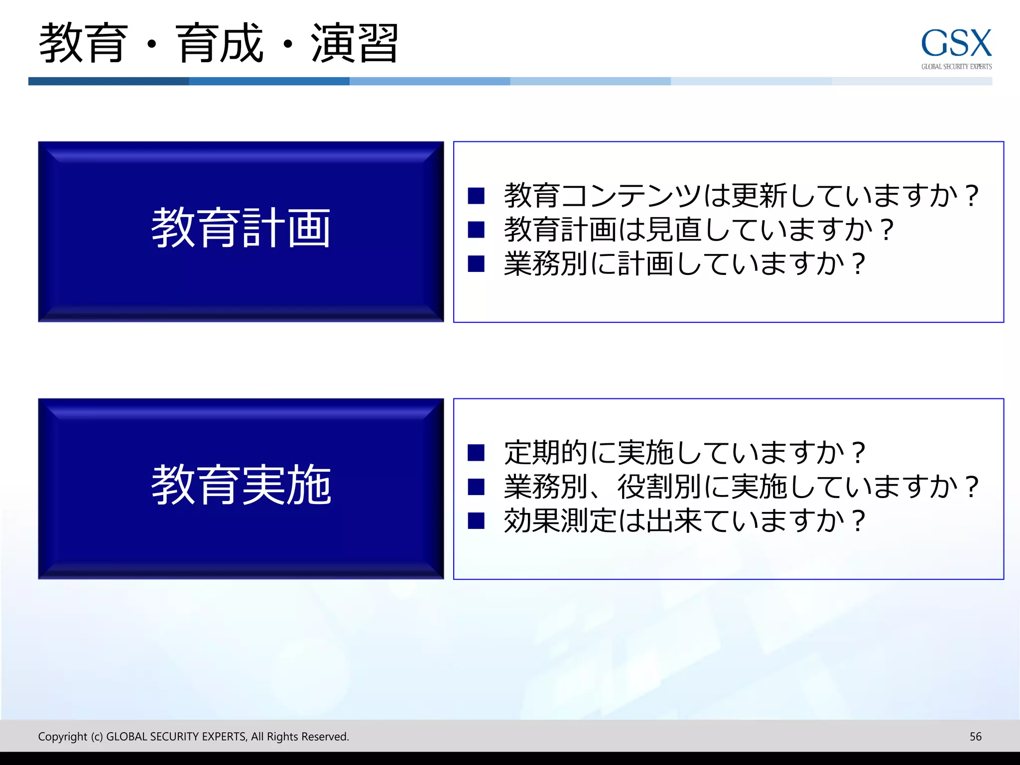 Copyright (c) GLOBAL SECURITY EXPERTS, All Rights Reserved. 56
教育計画
教育実施
◼ 教育コンテンツは更新していますか？
◼ 教育計画は見直していますか？
◼ 業務別に計画していますか？
◼ 定期的に実施していますか？
◼ 業務別、役割別に実施していますか？
◼ 効果測定は出来ていますか？
教育・育成・演習
 