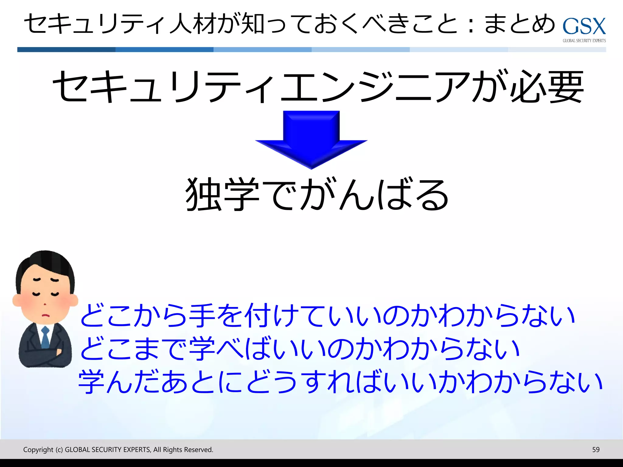 Copyright (c) GLOBAL SECURITY EXPERTS, All Rights Reserved. 59
セキュリティ人材が知っておくべきこと：まとめ
セキュリティエンジニアが必要
独学でがんばる
どこから手を付けていいのかわからない
どこまで学べばいいのかわからない
学んだあとにどうすればいいかわからない
 