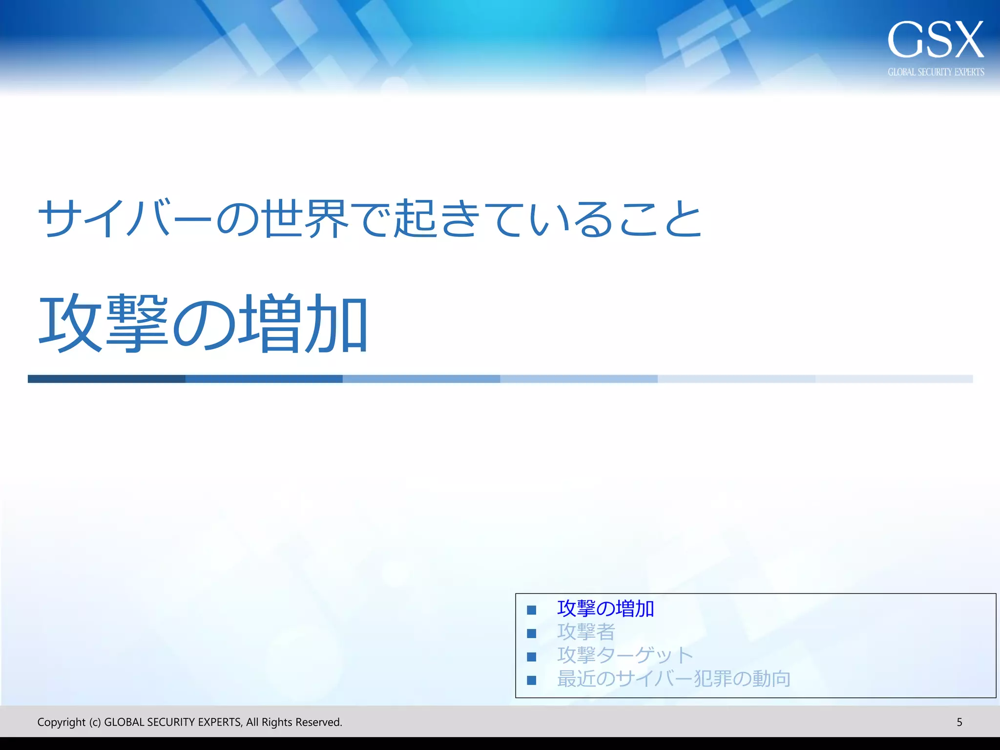 サイバーの世界で起きていること
攻撃の増加
Copyright (c) GLOBAL SECURITY EXPERTS, All Rights Reserved. 5
◼ 攻撃の増加
◼ 攻撃者
◼ 攻撃ターゲット
◼ 最近のサイバー犯罪の動向
 