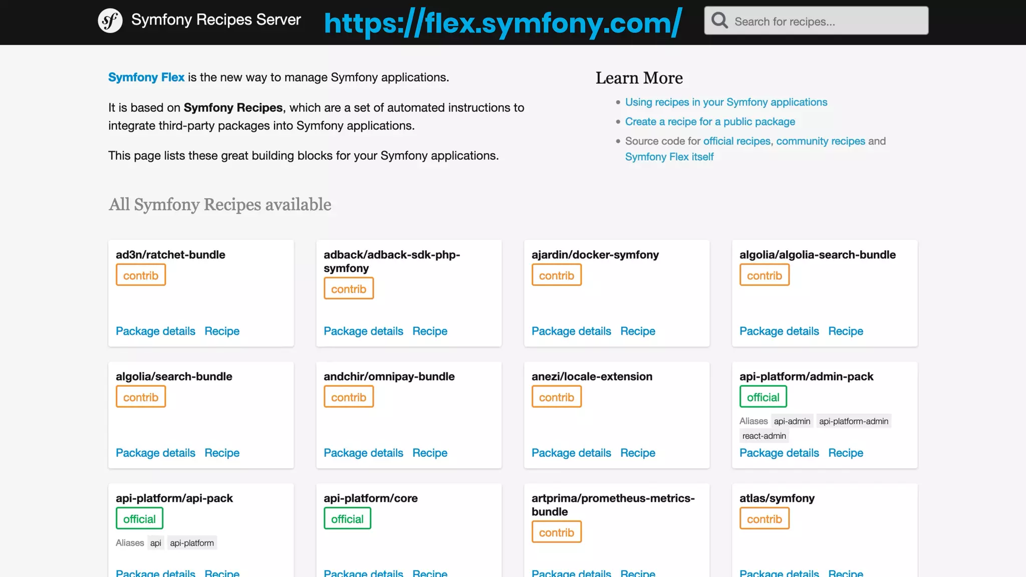 https://flex.symfony.com/
 