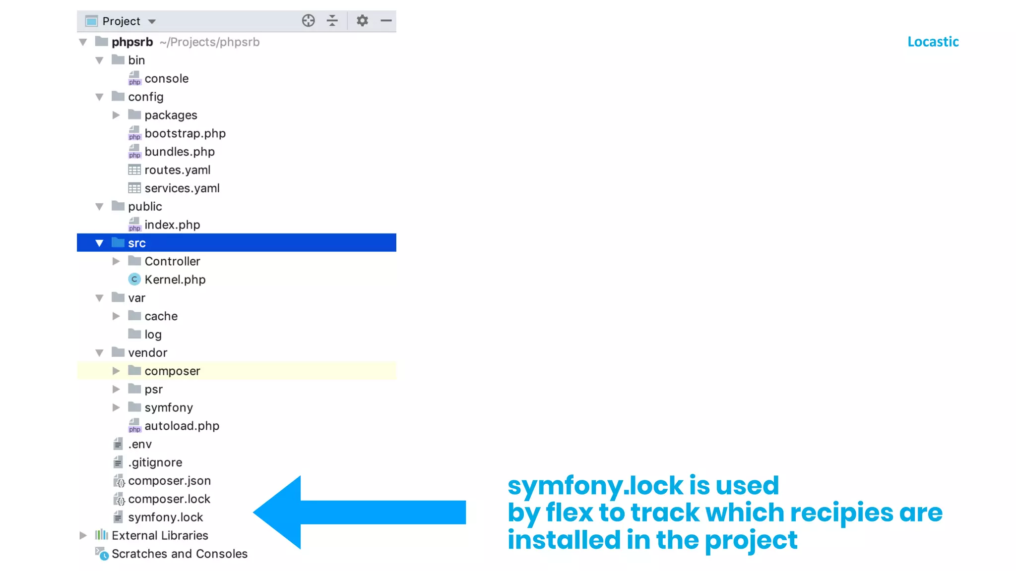 symfony.lock is used
by flex to track which recipies are
installed in the project
 