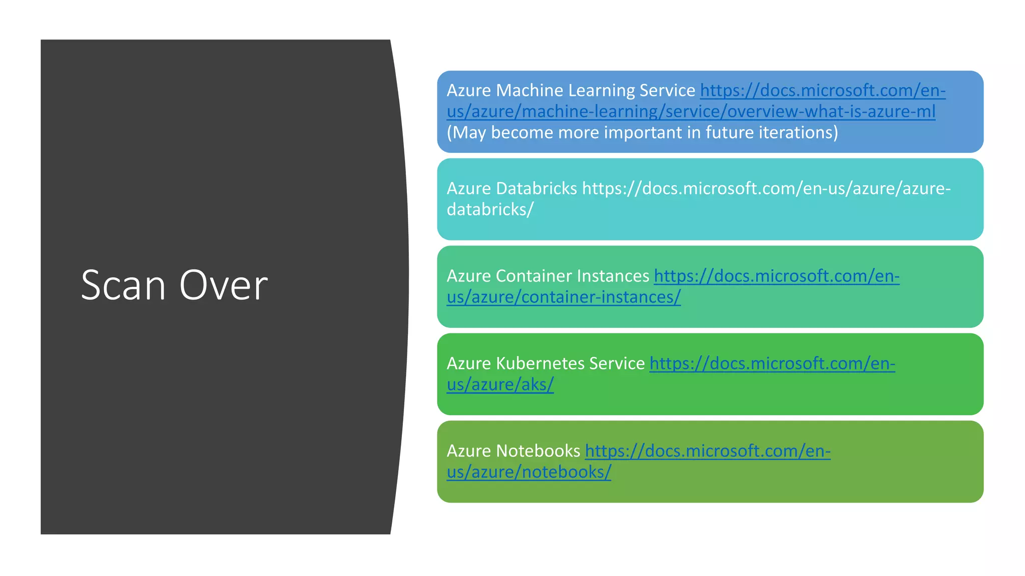 Scan Over
Azure Machine Learning Service https://docs.microsoft.com/en-
us/azure/machine-learning/service/overview-what-is-azure-ml
(May become more important in future iterations)
Azure Databricks https://docs.microsoft.com/en-us/azure/azure-
databricks/
Azure Container Instances https://docs.microsoft.com/en-
us/azure/container-instances/
Azure Kubernetes Service https://docs.microsoft.com/en-
us/azure/aks/
Azure Notebooks https://docs.microsoft.com/en-
us/azure/notebooks/
 