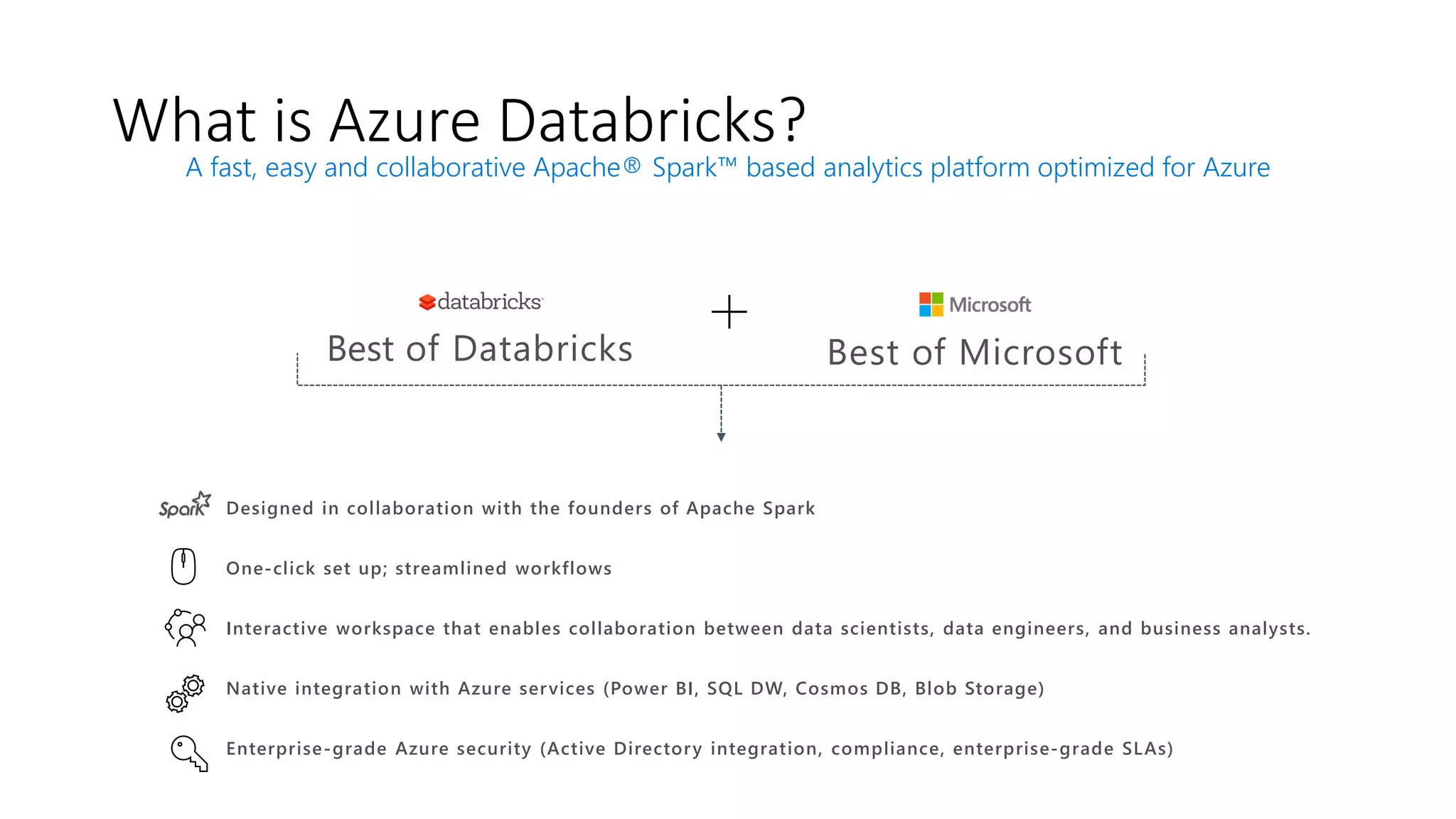 What is Azure Databricks?
A fast, easy and collaborative Apache® Spark™ based analytics platform optimized for Azure
Best of Databricks Best of Microsoft
Designed in collaboration with the founders of Apache Spark
One-click set up; streamlined workflows
Interactive workspace that enables collaboration between data scientists, data engineers, and business analysts.
Native integration with Azure services (Power BI, SQL DW, Cosmos DB, Blob Storage)
Enterprise-grade Azure security (Active Directory integration, compliance, enterprise-grade SLAs)
 