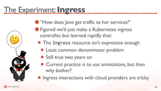 11
The Experiment:Ingress
“How does Jane get traffic to her services?”
Figured we’d just make a Kubernetes ingress
controller, but learned rapidly that:
The Ingress resource isn’t expressive enough
Least common denominator problem
Still true two years on
Current practice is to use annotations, but then
why bother?
Ingress interactions with cloud providers are tricky
🤔
 