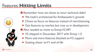 22
Features:Hitting Limits
Remember how we chose to incur technical debt?
We hadn’t architected for Ambassador’s growth
Chose to focus on features instead of rearchitecting
Got features to market, but cost us in development
Also needed to move to EnvoyV2 API
V2 shipped in December 2017 with Envoy 1.5
More and more features blocked onV2 support
Getting closer toV1 end of life
😳
 
